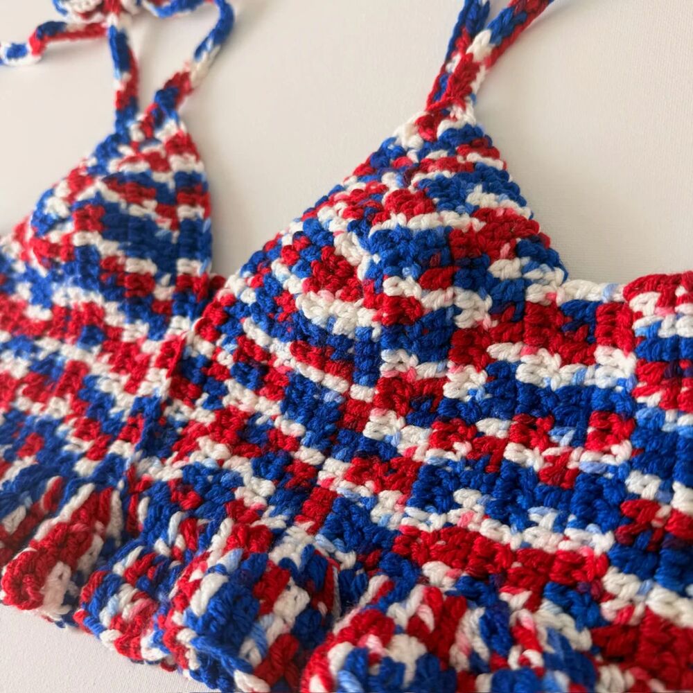 Handmade Americana Patriotic Crochet Ruffle Bralette 4th of July red white blue